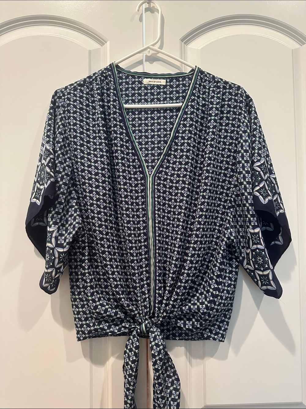 Max Studio Navy and White Printed Tie-Front V-Neck Blouse